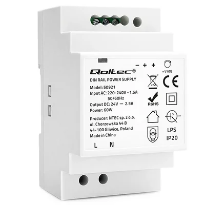Qoltec DIN Rail Power Supply | 60W | 24V | 2.5A | Gray