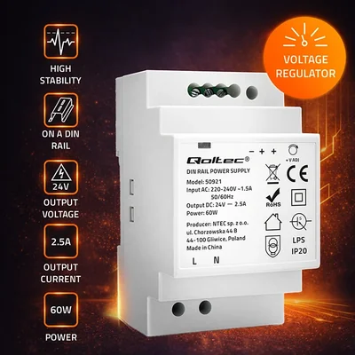 Qoltec DIN Rail Power Supply | 60W | 24V | 2.5A | Gray
