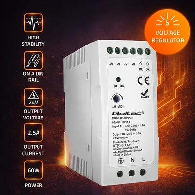Qoltec DIN Rail Power Supply | 60W | 24V | 2.5A | White | Slim