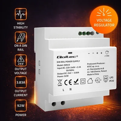 Qoltec DIN Rail Power Supply | 92W | 24V | 3.83A | Gray