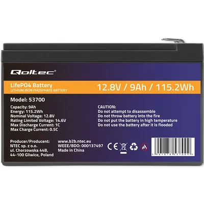 Qoltec LiFePO4 Lithium-Eisenphosphat-Akku | 12,8 V | 12 Ah | 153,6 Wh | BMS