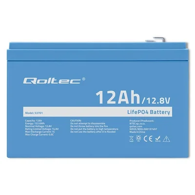 Qoltec LiFePO4 Lithium Iron Phosphate Battery | 12.8V | 12Ah | 153.6Wh | BMS