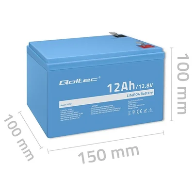 Qoltec LiFePO4 Lithium Iron Phosphate Battery | 12.8V | 12Ah | 153.6Wh | BMS