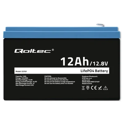 Qoltec LiFePO4 Lithium Iron Phosphate Battery | 12.8V | 12Ah | 153.6Wh | BMS