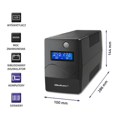 Qoltec Line Interactive UPS | Monolith | 650VA | 360W | LCD | USB | RJ45