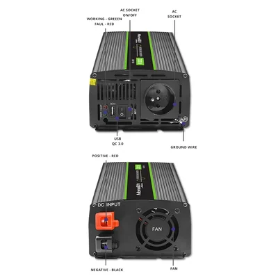 Qoltec Monolith 2000 MS Wave Voltage Converter | 12V to 230V | 1000/2000W | USB