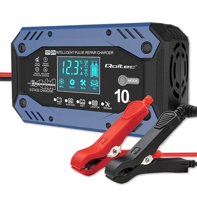 Qoltec Smart charger for STD AGM GEL LiFePO4 batteries | Rectifier with repair function | 12-24V | 10A | LCD | 9-step charging