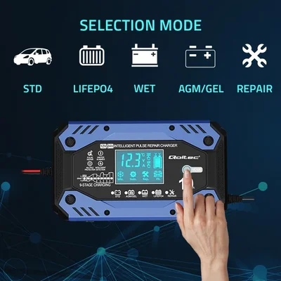 Qoltec Smart charger for STD AGM GEL LiFePO4 batteries | Rectifier with repair function | 12-24V | 10A | LCD | 9-step charging