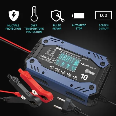 Qoltec Smart charger for STD AGM GEL LiFePO4 batteries | Rectifier with repair function | 12-24V | 10A | LCD | 9-step charging
