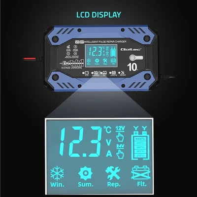 Qoltec Smart charger for STD AGM GEL LiFePO4 batteries | Rectifier with repair function | 12-24V | 10A | LCD | 9-step charging