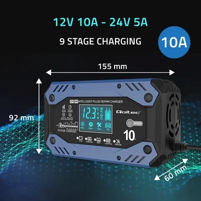 Qoltec Smart charger for STD AGM GEL LiFePO4 batteries | Rectifier with repair function | 12-24V | 10A | LCD | 9-step charging