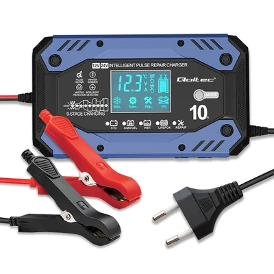 Qoltec Smart charger for STD AGM GEL LiFePO4 batteries | Rectifier with repair function | 12-24V | 10A | LCD | 9-step charging