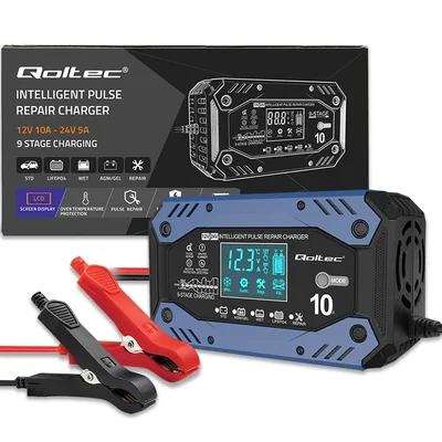 Qoltec Smart charger for STD AGM GEL LiFePO4 batteries | Rectifier with repair function | 12-24V | 10A | LCD | 9-step charging