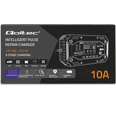 Qoltec Smart charger for STD AGM GEL LiFePO4 batteries | Rectifier with repair function | 12-24V | 10A | LCD | 9-step charging