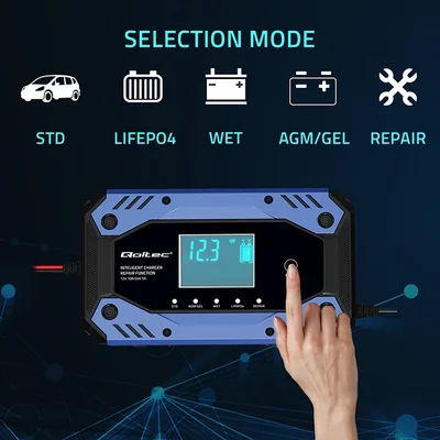 Qoltec Smart charger for STD AGM GEL LiFePO4 batteries | Rectifier with repair function | 12-24V | 10A | LCD | 9-step charging