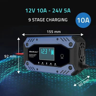 Qoltec Smart charger for STD AGM GEL LiFePO4 batteries | Rectifier with repair function | 12-24V | 10A | LCD | 9-step charging