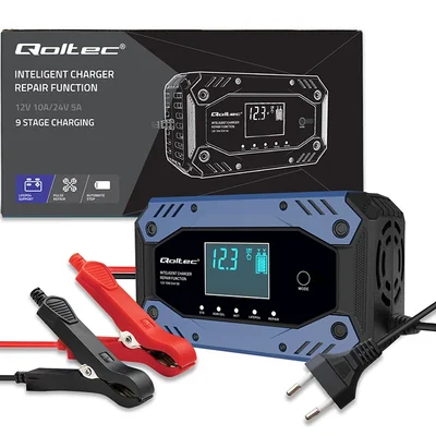 Qoltec Smart charger for STD AGM GEL LiFePO4 batteries | Rectifier with repair function | 12-24V | 10A | LCD | 9-step charging