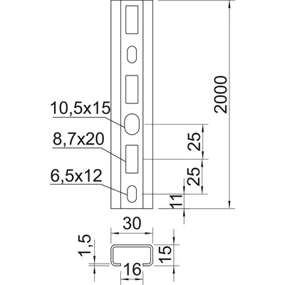 Rail profilé perforé CM3015P2000FT, largeur du joint 16 mm