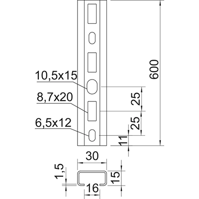 Rails perforés 600 OC.O., C30 L 600 FT