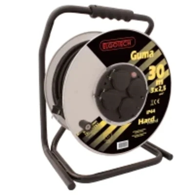 Rallonge électrique enroulée sur tambour métallique IP-44, 4x2P+Z en caoutchouc H05RR-F 3x2,5 mm² - 30 m, puissance max. 3600 W, avec protection thermique, série rigide PZB-1111-30G/2.5