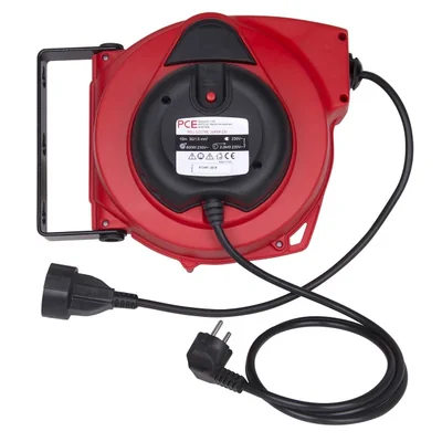 Rallonge électrique rétractable sur tambour avec frein, 10 m, H05VV-F, 3 x 1,5 mm, avec fiche et prise en caoutchouc 230 V pour montage au plafond ou au mur (130 x 270 x 295 mm), IP44