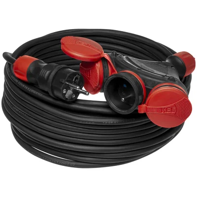 Rallonge PS-X3/54/30M/3X1.5/H05RR-F (x3), câble en caoutchouc noir H05RR-F 3x1,5 mm², indice de protection IP 54, prise et fiche noires et rouges, câble noir