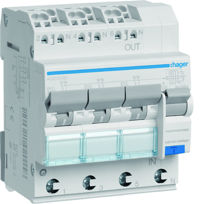 RCBO 3 - 3 x 1P+N 6kA B-10A 30mA A QC/QBB RCD with overcurrent element
