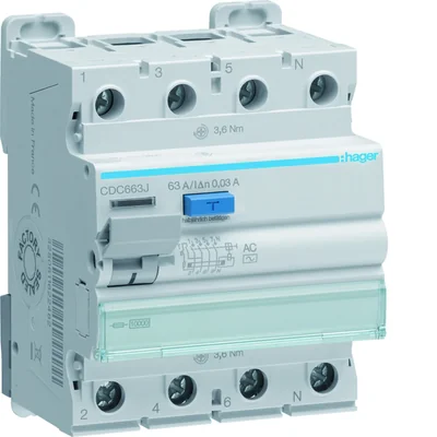 RCCB 3P+N 63A 30mA 10kA AC