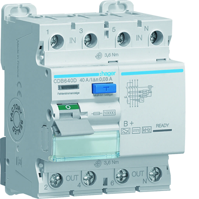 RCCB Residual current circuit breaker 3P+N 40A 30mA 10kA B+