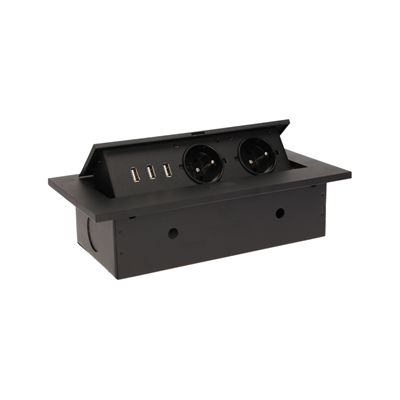 Recessed socket 3xUSB, 2x230VAC, black