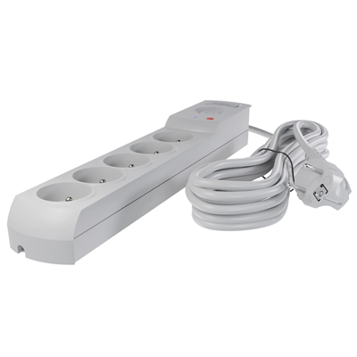 Regleta con fusible y sistema de protección contra sobretensiones profesional, 5 tomas, longitud 1,5 m, 10 A 230 V 2300 W, gris