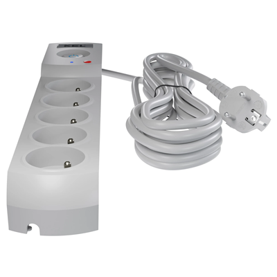 Regleta con fusible y sistema de protección contra sobretensiones profesional, 5 tomas, longitud 1,5 m, 10 A 230 V 2300 W, gris