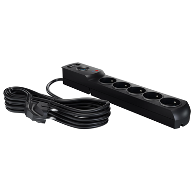 Regleta con fusible y sistema de protección contra sobretensiones profesional, 5 tomas, longitud 1,5 m, 10 A 230 V 2300 W, negro