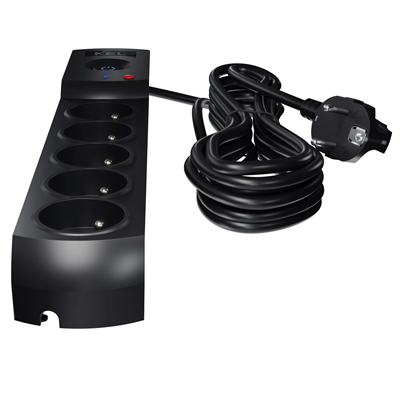 Regleta con fusible y sistema de protección contra sobretensiones profesional, 5 tomas, longitud 1,5 m, 10 A 230 V 2300 W, negro