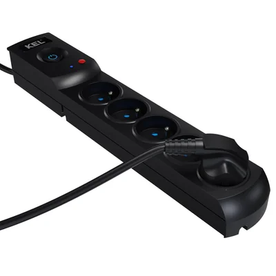Regleta con fusible y sistema de protección contra sobretensiones profesional, 5 tomas, longitud 3m, 10A 230V 2300W, negro