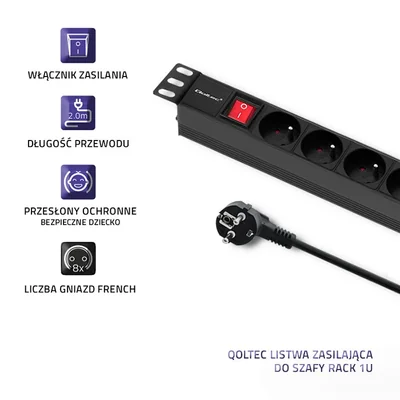 Regleta de alimentación Qoltec PDU para rack de 19'' | 1U | 16A | 8 conectores franceses | 2 m