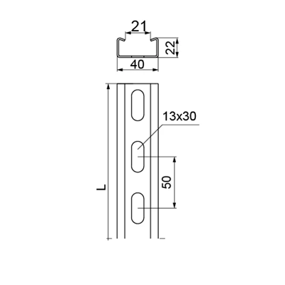Reinforced galvanized channel section, length 0.5 m, width 40 mm, height 22 mm
