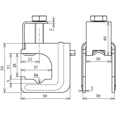 Reinforcement clamp with pressure clamp, for wire diameter 6-20 / 8-10 mm, wire diameter 6-20 mm / flat bar width 30 mm or two flat bars width 30x3-4 mm, uncoated steel VK DB 6.20 8.10 FL30 BSB STBL