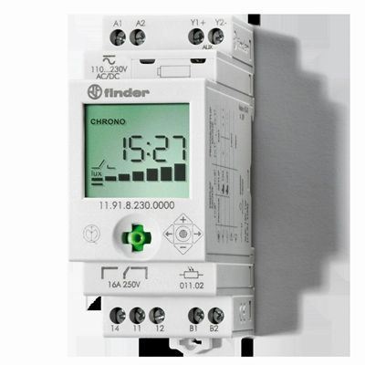 Relais modulaire crépusculaire avec un capteur avec une horloge journalière 1P + sortie auxiliaire 16A 230V AC 1-150lx IP20/IP54