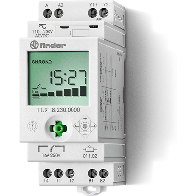 Relè crepuscolare modulare con sensore orologio circadiano 1P + uscita ausiliaria 16A 230V AC 1-150lx IP20/IP54