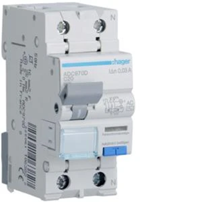 Residual current circuit breaker with overcurrent. C/6KA 20A 30mA 2pole AC type