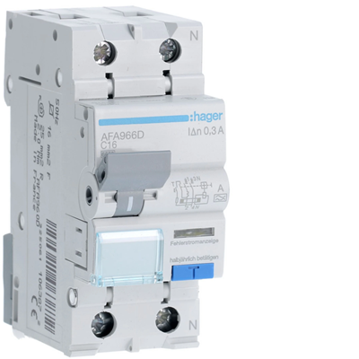 Residual current circuit breaker with overcurrent. C/6kA,16A,300mA,2pole type A