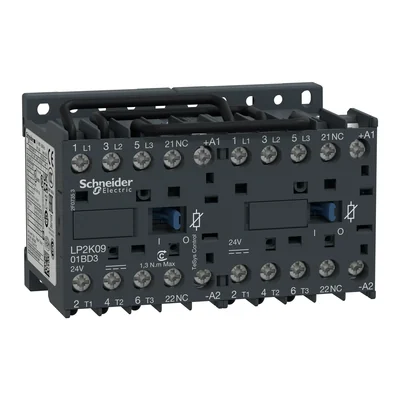 Reversing contactor, TeSys K, 9A, 3P, 1NC, 24VDC coil, box terminals