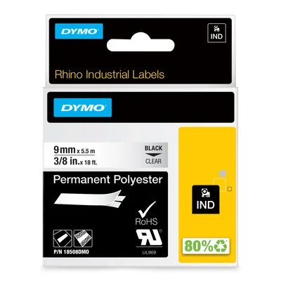 RHINO durable polyester tape 9mm black on transparent