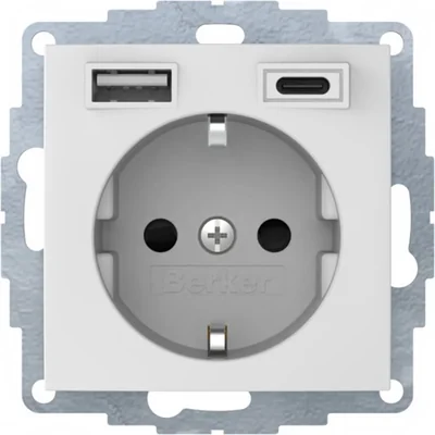Розетка SCHUKO B.3/B.7 з USB-зарядним пристроєм A+C 2,4/3,0 A; самоблокувальна, матово-біла