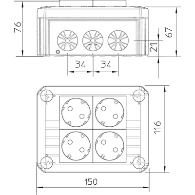Розподільна коробка T 100 4MSD WS 4 розетки Schuko 33° біла, 2+2