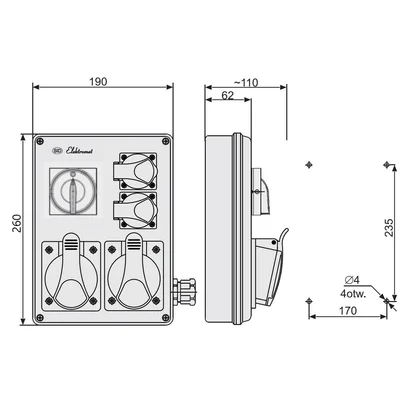 RSK-1 IP-44 switchboard Switchboards with on-off switch 40A - equipped with wiring for connecting protection devices - with sockets: 2x32A 3P+N+Z 400V~ 2x16A 2P+Z 250V~