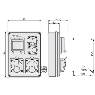 RSK-2 IP-44 switchboard - inspection window 4 modules - equipped with wiring for connecting protection devices - with sockets: 2x16A 3P+N+Z 400V~ 2x16A 2P+Z 250V~