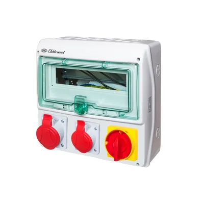 RSS-03 IP-44 distribution board with on-off switch 63A - inspection window 12 modules - equipped with wiring for connecting protections - with sockets: 1x32A 3P+N+Z 400V~ 1x16A 3P+N+Z 400V~