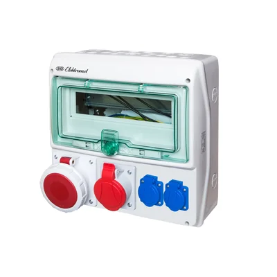 RSS-03 IP-44 switchboard - inspection window 12 modules - equipped with wiring for connecting protections - with sockets: 1x63A 3P+N+Z 400V~ 1x32A 3P+N+Z 400V~ 2x16A 2P+Z 250V~